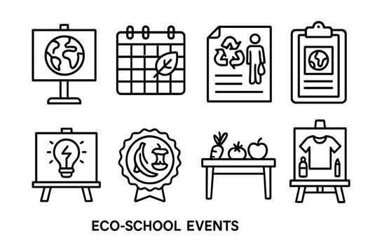 Line style icons of eco school events: Earth Day sign, green week planner, community clean-up flier, eco poster contest, energy-saving day board, food waste challenge badge, garden harvest table,