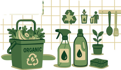 Green habits at home — Vector illustration of kitchen with organic waste caddy, cleaning product refills, and sorting symbols
