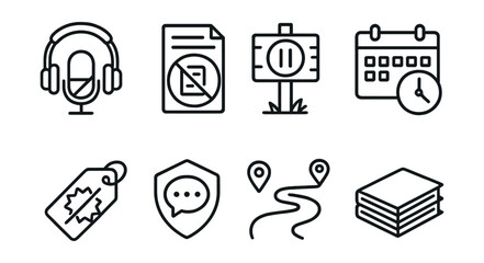 Line style icons of slow digital consumption: one podcast rule, read not skim sign, pause before post board, schedule view hours icon, no clickbait tag, thoughtful comment badge, meaningful use path,