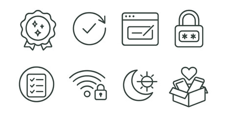 Line style icons of digital hygiene routines: clean cache badge, update check mark, clear history card, password vault icon, backup habit tracker, secure wifi guide, night filter symbol, tech care