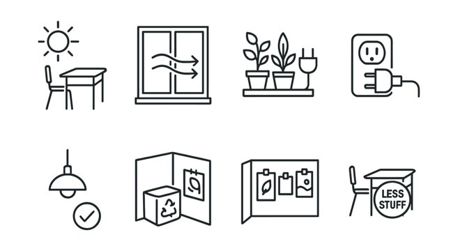 Line style icons of eco classroom layout: sunlight desk position, window airflow sign, shared plant zone, unplug station icon, indoor light check guide, reuse zone corner, green posters wall, “less