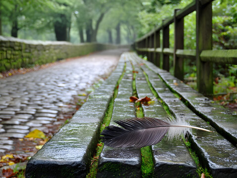 Stone bench still wet from rain but a bird feathe