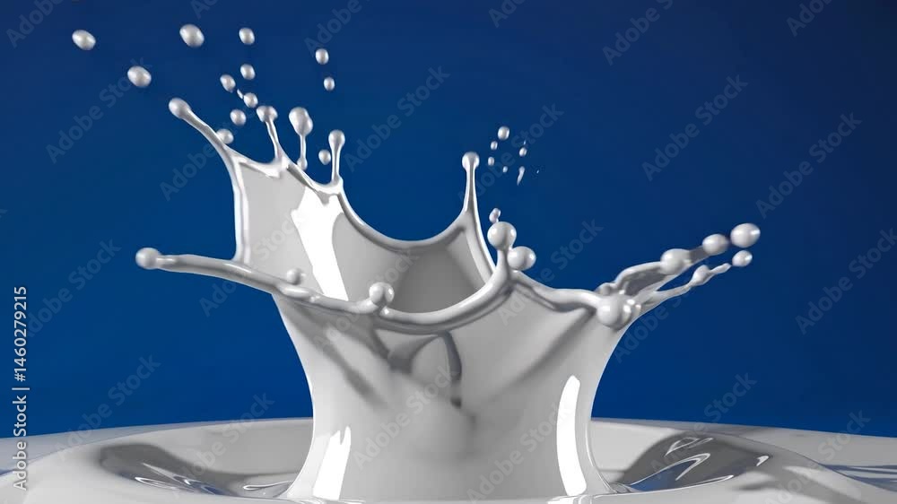 Poster white liquid splashing in slow motion, forming elegant crown-like pattern against vibrant blue backg