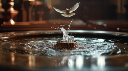White dove gracefully taking flight from water fountain during peaceful symbolic baptism moment