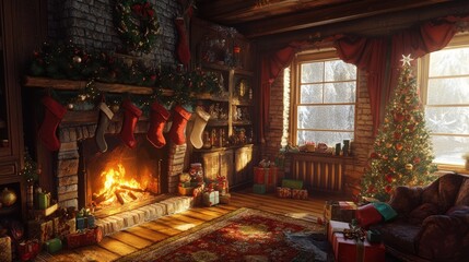 Cozy Christmas living room with fireplace and decorations.