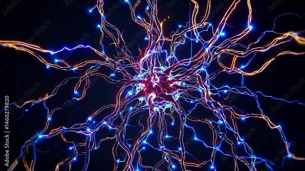 Poster complex network of neurons firing electrical signals and connecting to other neurons. creating a com