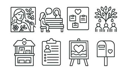 Line style icons of community-led urban healing: healing mural icon, storytelling bench, mental health board in square, collective grief tree, care corner kiosk, group support schedule, art as