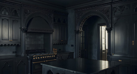 Dark Gothic Kitchen Design With Intricate Woodwork and Luxurious Details