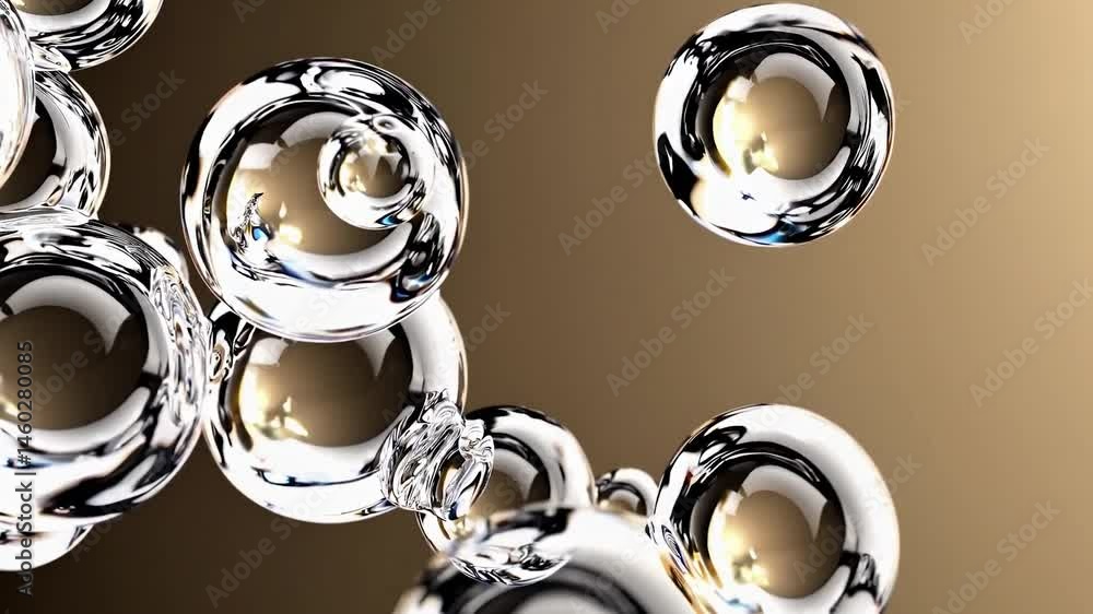 Poster shiny, reflective spheres gracefully floating and interacting against warm golden backdrop, creating