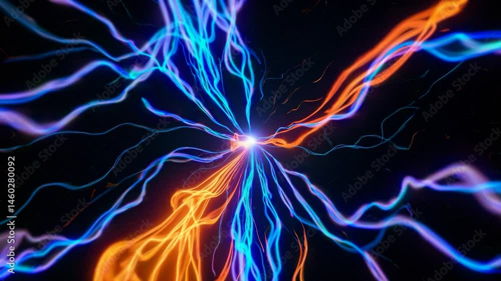 Poster plasma filaments in orange and blue colors expand and converge towards a central point, creating a m