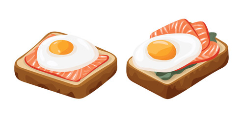 Sandwich made of bread with fried egg and salmon slices. Flat vector, clipart illustration isolated on white background.