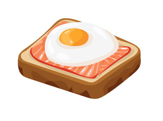 Sandwich made of bread with fried egg and salmon slices. Flat vector, clipart illustration isolated on white background.