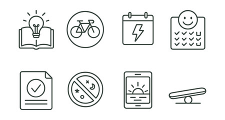 Line style icons of mindful time and energy: study with light icon, bike to class badge, energy-friendly schedule planner, calm focus habit tracker, one thing at a time card, no all-nighters poster,