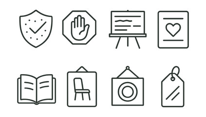 Line style icons of “enough” culture in school: content not clutter badge, stop at enough icon, deep not wide board, what matters most card, enoughness journal, be present poster, intention before
