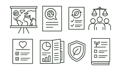 Line style icons of climate literacy on campus: carbon map board, climate talks poster, low-impact course flyer, climate justice group icon, eco values survey, infographic zine, sustainable major