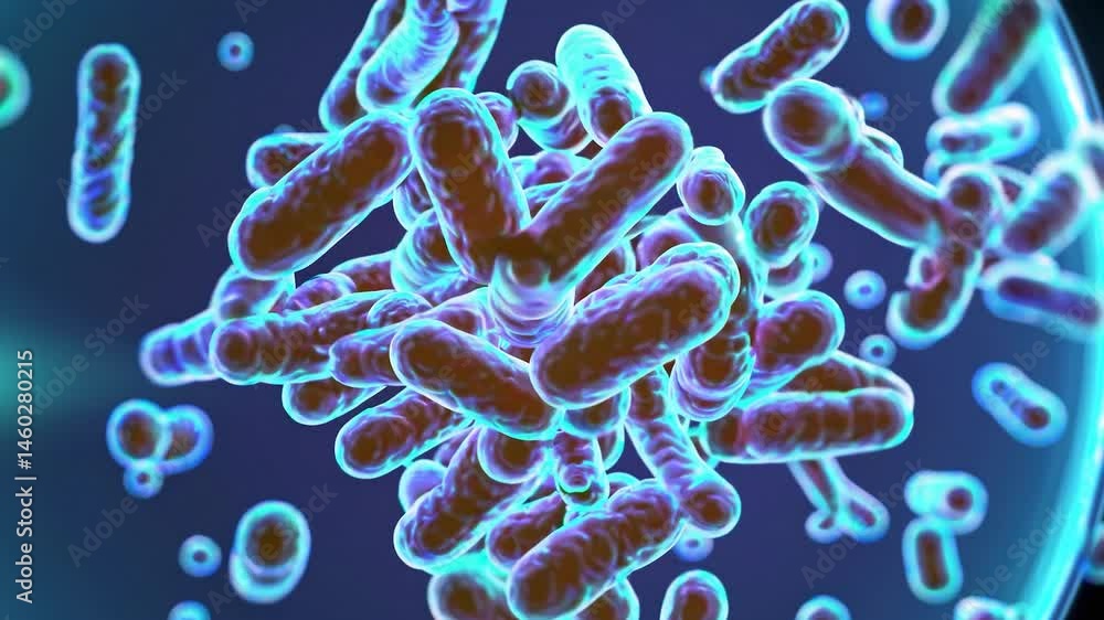 Poster microscopic view of rod-shaped bacteria multiplying and forming a colony within a controlled laborat