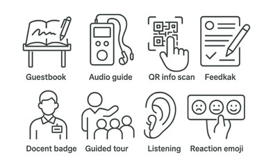 Line style icons of visitor interaction elements: guestbook table, audio guide device, QR info scan, feedback form icon, docent badge, guided tour group, listening earpiece, reaction emoji board.