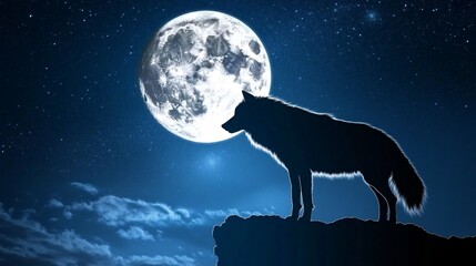 Obraz premium Serene Night Landscape Featuring a Wolf and a Full Moon