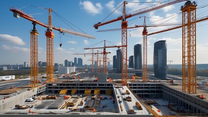 Naklejka premium Vibrant view of large construction site featuring multiple towering cranes