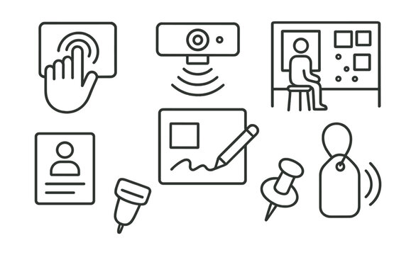 Line style icons of interactive art spaces: touch zone hand icon, motion sensor camera, video booth, participation board, visitor response card, draw-your-response board, “add to wall” pin,
