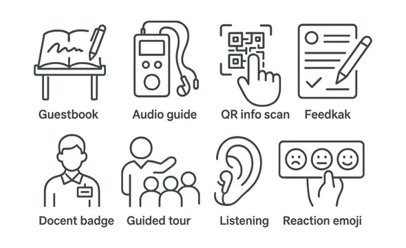 Line style icons of visitor interaction elements: guestbook table, audio guide device, QR info scan, feedback form icon, docent badge, guided tour group, listening earpiece, reaction emoji board.