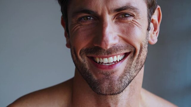 Happiness and well-being radiate from a handsome man's face as he smiles, showcasing perfect white teeth against a blurred, neutral backdrop
