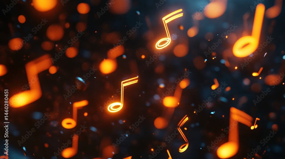 Poster floating 3d music notes against a dark background emphasizing depth
