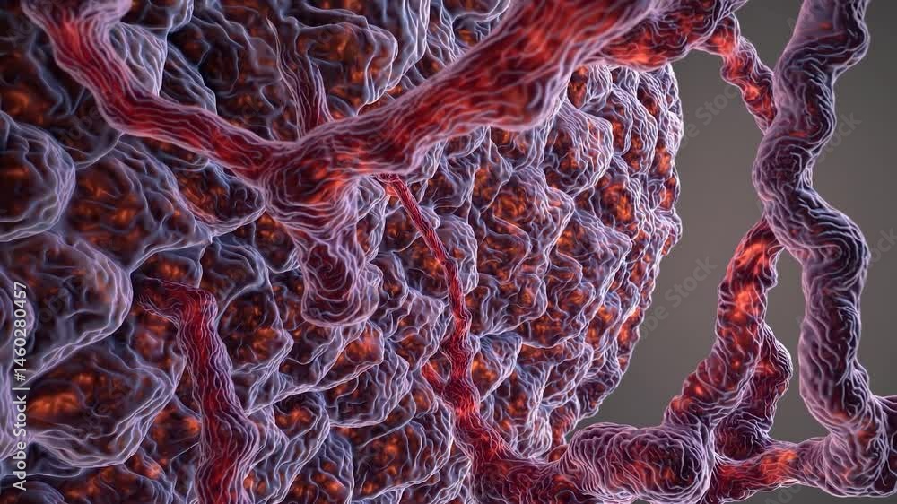 Poster red veins are growing and pulsating inside alien organic tissue, creating a mesmerizing and unsettli