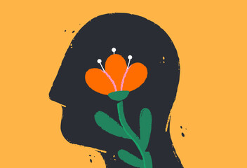 Mental health, therapy, psychology. Head with a growing flower. Concept of positive thinking, inner peace. Emotional wellbeing, selfcare, healing. Abstract isolated vector illustration