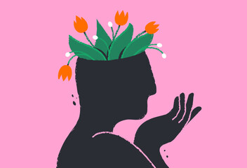 Mental health, positive thinking, psychology. Head with blooming flowers. Selfcare, wellness, therapy concept. Inner peace, positive mindset, self growth. Abstract isolated vector illustration