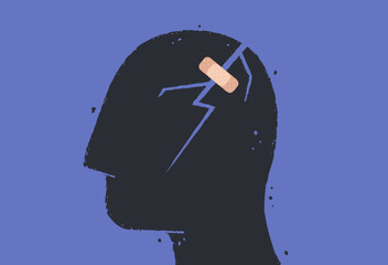 Fototapeta na wymiar Mental health problem, migraine, headache. Silhouette of an injured head with a band aid. Memory loss, mental disorder, therapy concept. Abstract isolated vector illustration