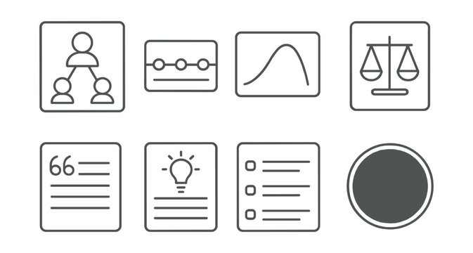 Line style icons of themed discussion aids: character map page, timeline chart icon, plot arc diagram, moral dilemma card, favorite quote card, author insight handout, discussion starter sheet,