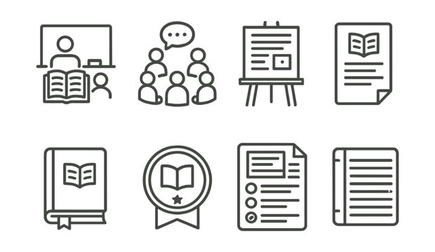 Line style icons of literature education: classroom novel set, discussion circle icon, essay outline board, assigned reading sheet, literature logbook, oral presentation badge, test with passage,