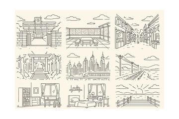Obraz premium Line style icons of anime settings and backgrounds: Japanese high school gate, rooftop lunch spot, festival street scene, forest shrine path, futuristic city skyline, countryside train track, cozy
