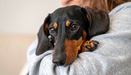 ミニチュアダックスフンドが飼い主にしっかりと抱かれ、落ち着いた表情で静かにこちらを見つめる穏やかなクローズアップ。信頼と安心感が伝わるシーン


