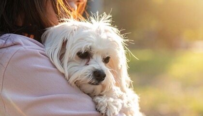 日差しの中でマルチーズが優しく両腕に抱えられ、輝くふわふわの毛並みが温かさと愛情を伝える優しいシーン

