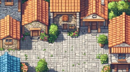 Quaint Pixel Art Village with Vibrant Buildings and Stone Streets