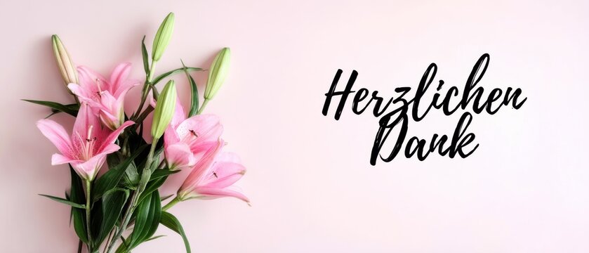 Zarte Rosa Lilien mit Herzlichen Dank Schriftzug auf Pastellrosa Hintergrund f&uuml;r Gru&szlig;karten und Dankbarkeit
