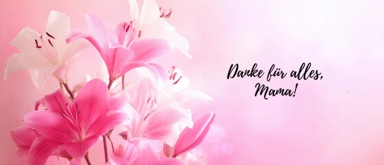 Zarte rosa Lilien mit Danke für alles, Mama Schriftzug auf weichem Hintergrund für Muttertag und liebevolle Botschaften