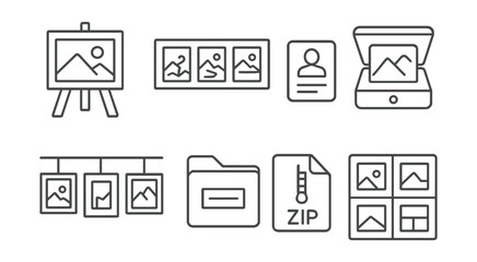 Line style icons of drawing portfolio and presentation: final piece board, process sketch strip, artist nameplate card, scanned art icon, gallery display wall, labeled folder icon, digital zip