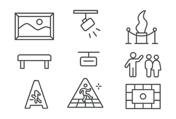 Line style icons of art gallery interiors: framed painting on wall, gallery spotlight, sculpture on pedestal, visitor bench, exhibition label, clean floor icon, guided tour group, artwork spacing