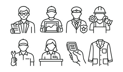 Fototapeta premium Line style icons of gallery staff and support: curator clipboard, art handler icon, museum guard badge, lighting technician gear, exhibition installer with tool, front desk person, ticket scanner,