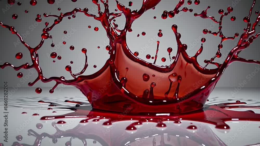 Poster crimson liquid falling onto pristine surface, generating intricate crown-shaped splash pattern with 