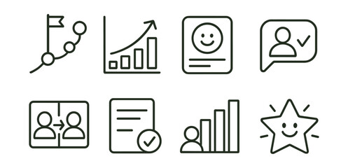 Line style icons of student progress and tracking: milestone icon, improvement graph, feedback sticker card, critique comment tag, before-and-after layout, revision mark sheet, portfolio growth bar,