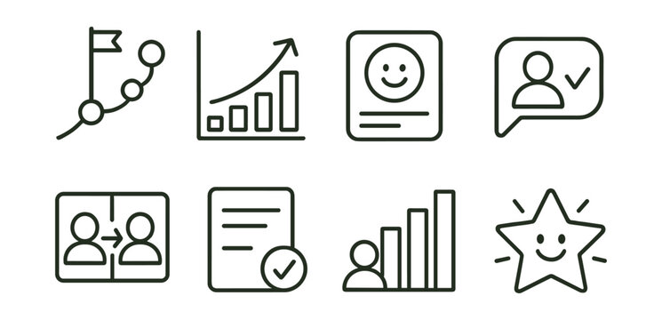Line style icons of student progress and tracking: milestone icon, improvement graph, feedback sticker card, critique comment tag, before-and-after layout, revision mark sheet, portfolio growth bar,