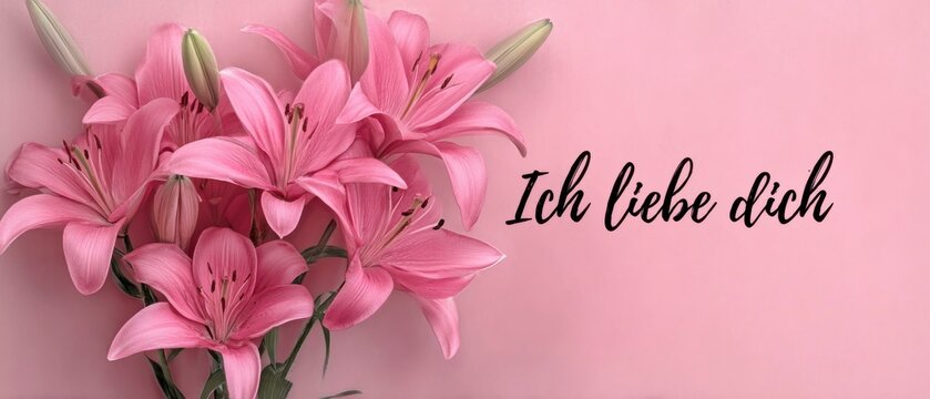 Zarte Rosa Lilien mit Ich liebe dich Schriftzug auf pastellrosa Hintergrund f&uuml;r Valentinstag und Liebesbotschaften