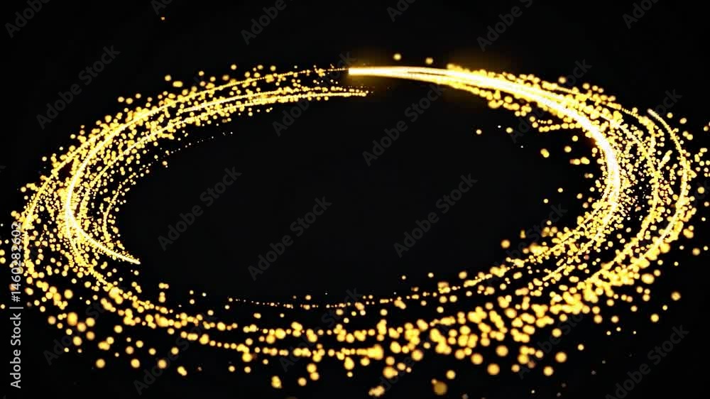 Poster golden particles are rotating and forming a luminous circle on a black background, creating a magica