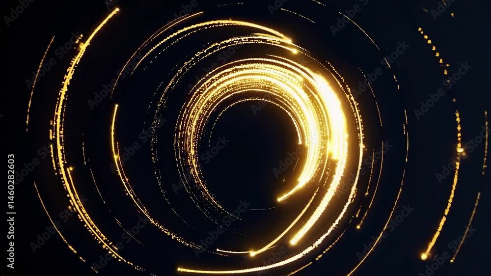 Poster glittering golden particles rotating dynamically, generating concentric luminous circles against dee