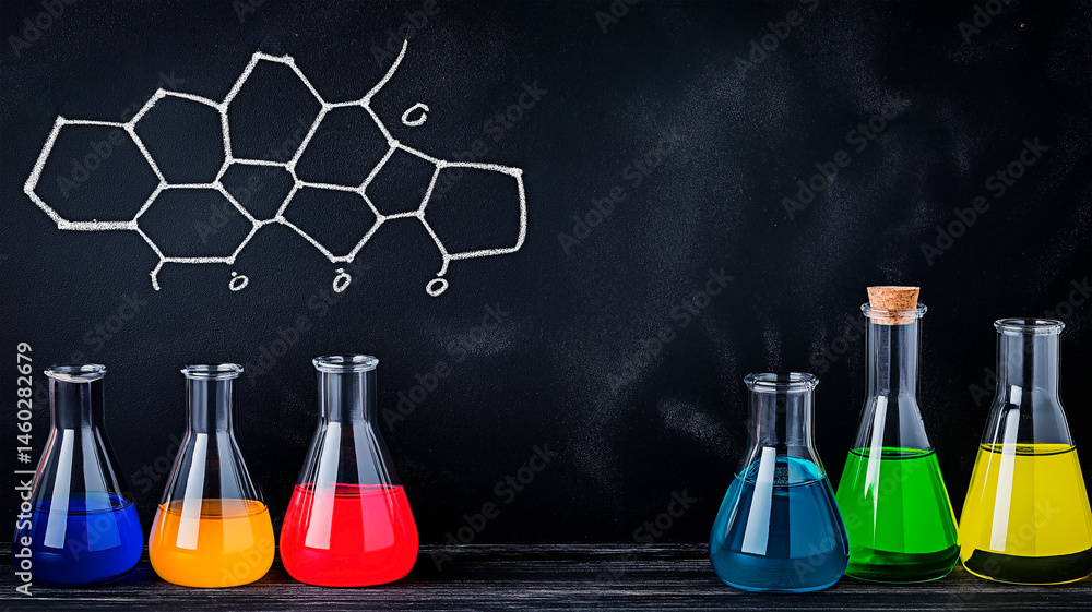 Poster vibrant chemistry: a captivating composition of colorful flasks and a molecular structure sketched o