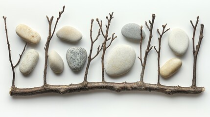 Horizontal arrangement of stones and branches on a white surface.